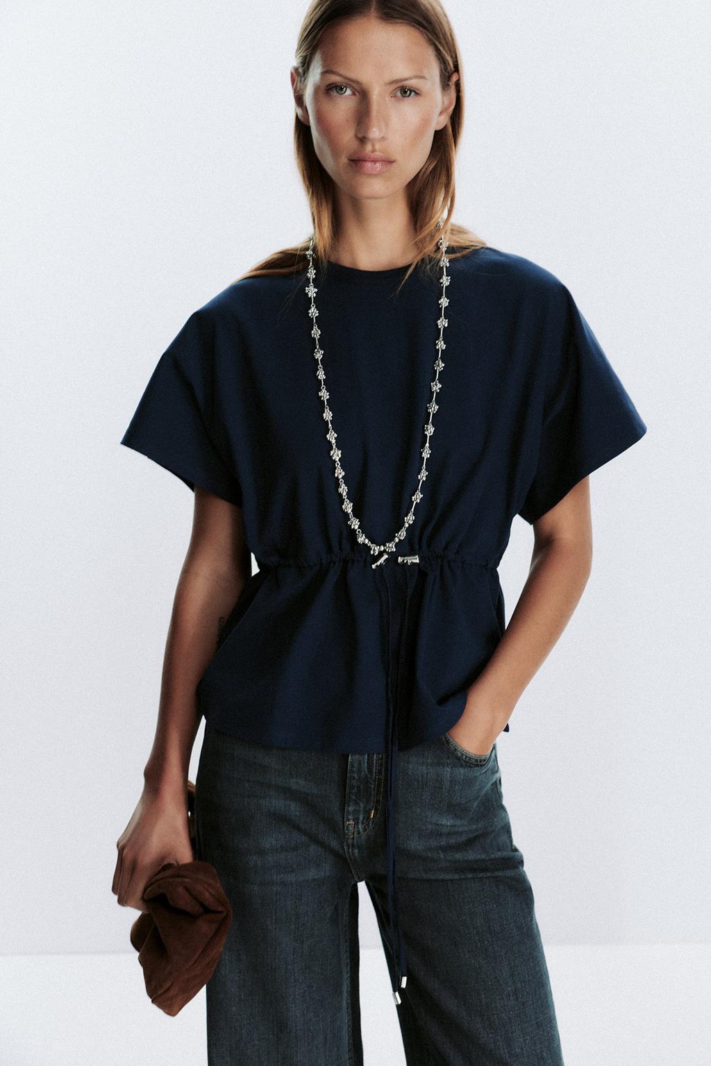 Zara Drawstring Waist T-Shirt Navy