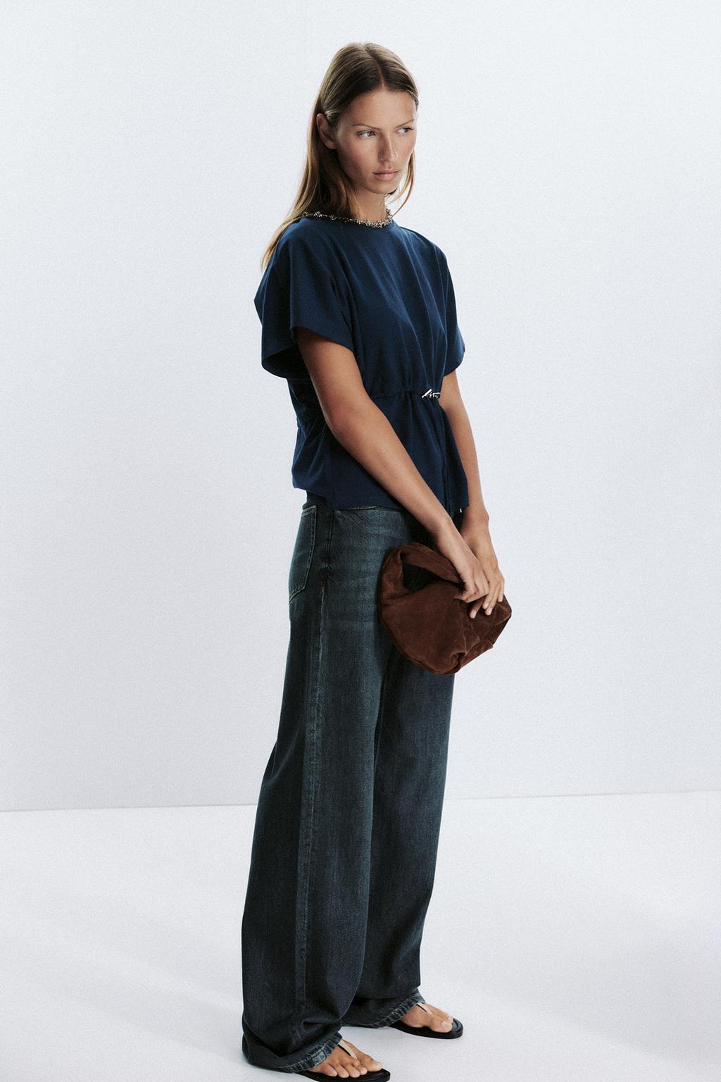 Zara Drawstring Waist T-Shirt Navy