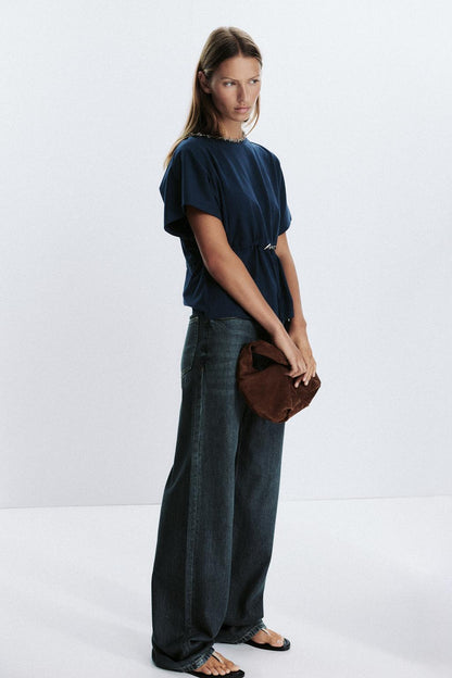 Zara Drawstring Waist T-Shirt Navy