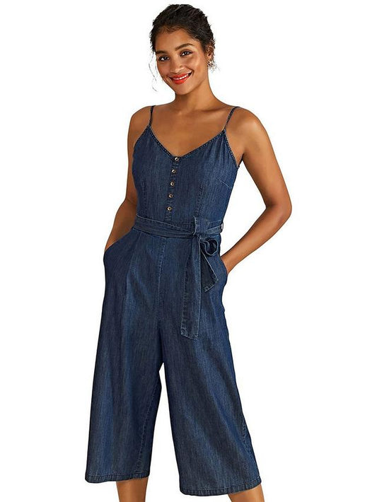Light Denim Culotte Jumpsuit, Blue