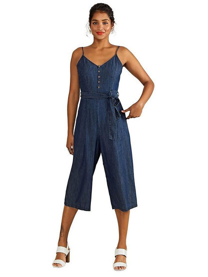 Light Denim Culotte Jumpsuit, Blue