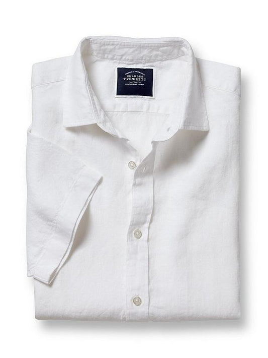 Short Sleeve Pure Linen Slim Fit Shirt - White