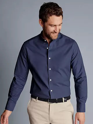 Heather Blue Stretch Washed Oxford Collarless Slim Fit Shirt