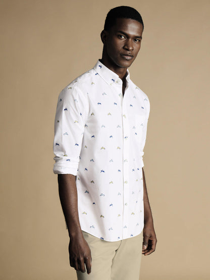 Button-Down Collar Non-Iron Stretch Hare Print Slim Fit Shirt - White