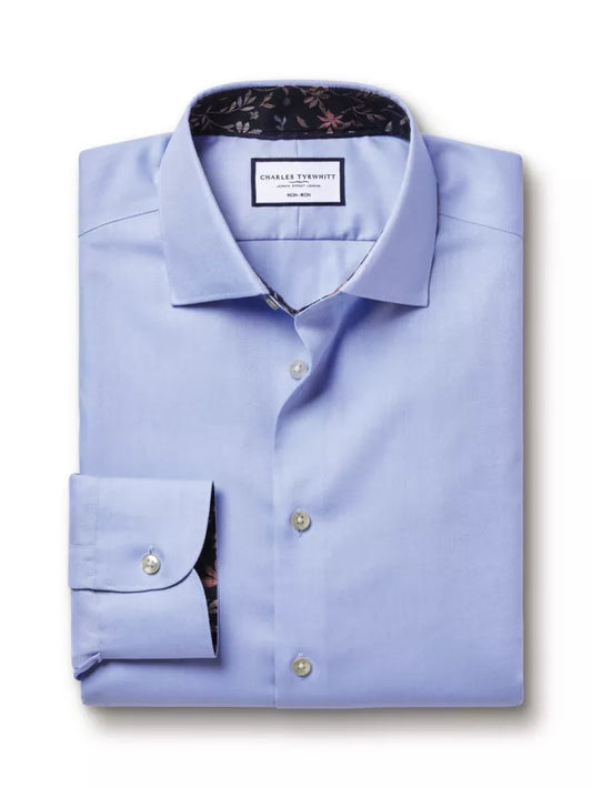 Classic Fit Non-Iron Printed Trim Plain Shirt, Blue