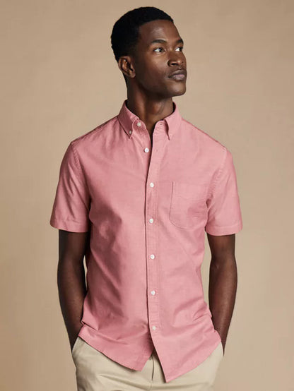 Short Sleeve Button Down Stretch Washed Oxford Classic Fit Shirt, Coral Pink