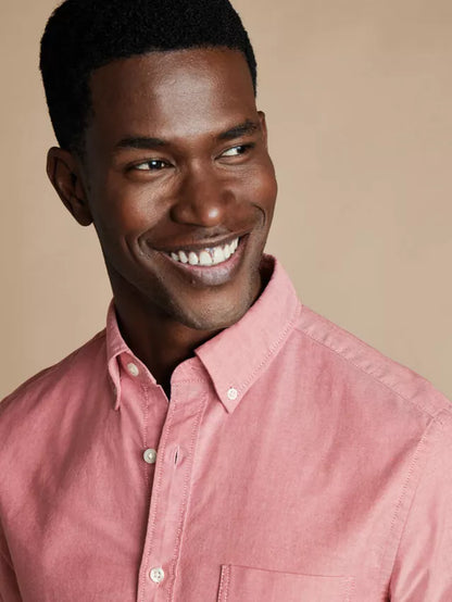 Short Sleeve Button Down Stretch Washed Oxford Classic Fit Shirt, Coral Pink