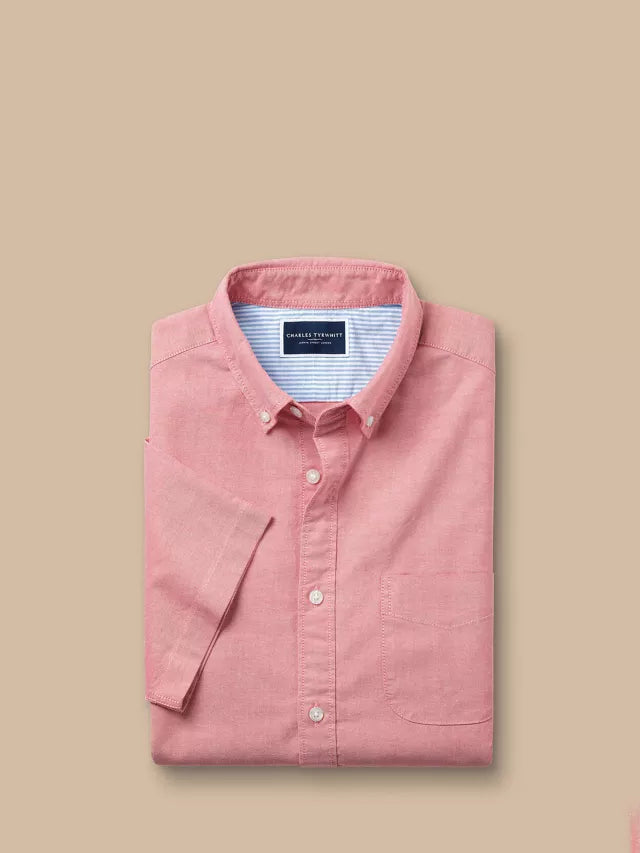 Short Sleeve Button Down Stretch Washed Oxford Classic Fit Shirt, Coral Pink