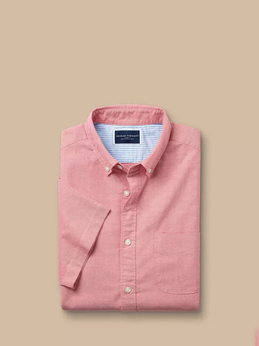 Short Sleeve Button Down Stretch Washed Oxford Classic Fit Shirt, Coral Pink