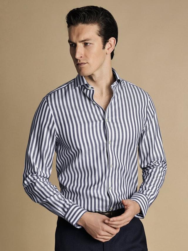 Spread Collar Non-Iron Twill Wide Stripe Slim Fit Shirt - Royal Blue