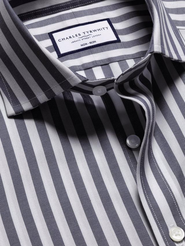 Spread Collar Non-Iron Twill Wide Stripe Slim Fit Shirt - Royal Blue