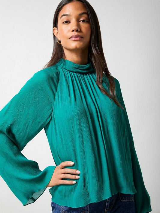Crinkle Flared Sleeve Blouse, Green