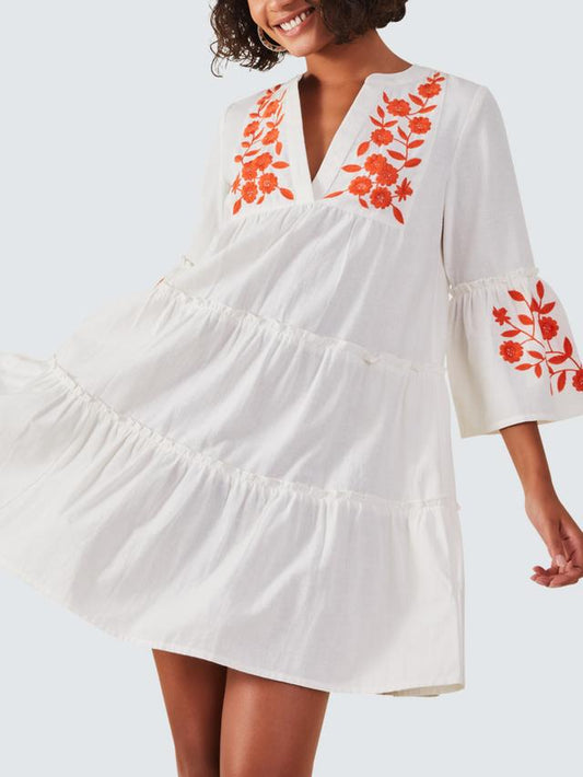 Embroidered Flute Sleeve Beach Dress, Ivory