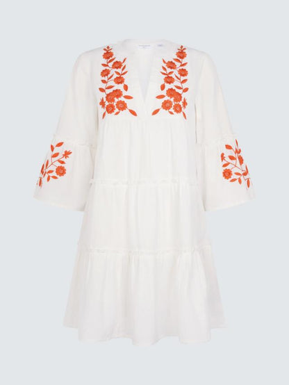 Embroidered Flute Sleeve Beach Dress, Ivory