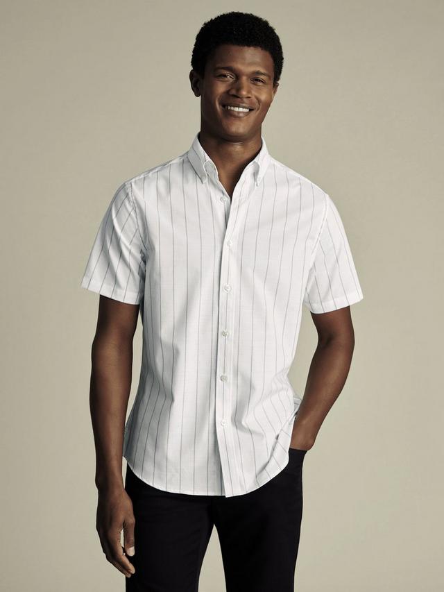 Cotton Stripe Slim Fit Button-Down Collar Short Sleeve Shirt, White