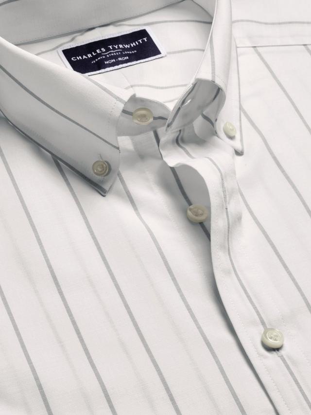 Cotton Stripe Slim Fit Button-Down Collar Short Sleeve Shirt, White