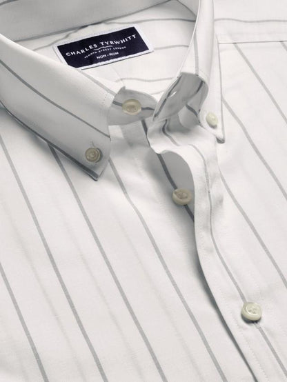Cotton Stripe Slim Fit Button-Down Collar Short Sleeve Shirt, White