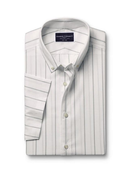 Cotton Stripe Slim Fit Button-Down Collar Short Sleeve Shirt, White