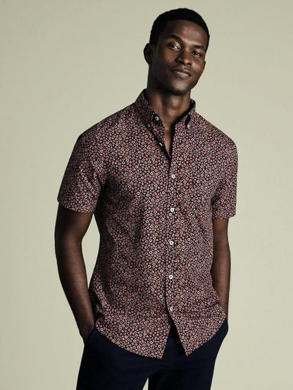 Cotton Floral Slim Fit Button-Down Collar Shirt, Dark Navy