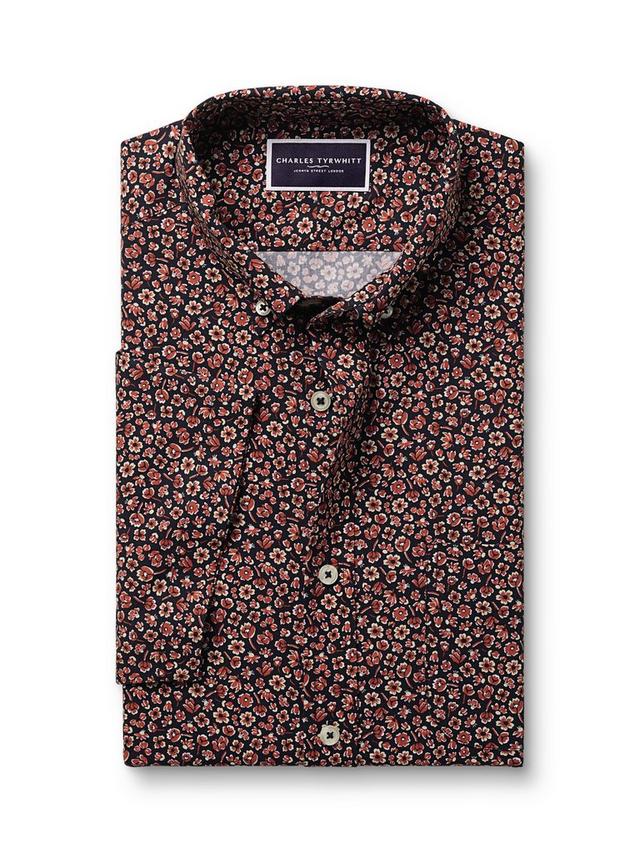 Cotton Floral Slim Fit Button-Down Collar Shirt, Dark Navy