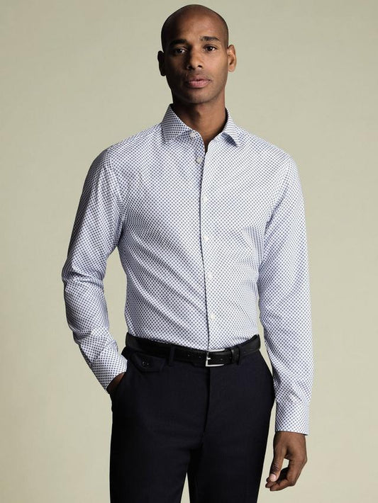 Non Iron Stretch Diamond Print Slim Fit Shirt - Denim Blue