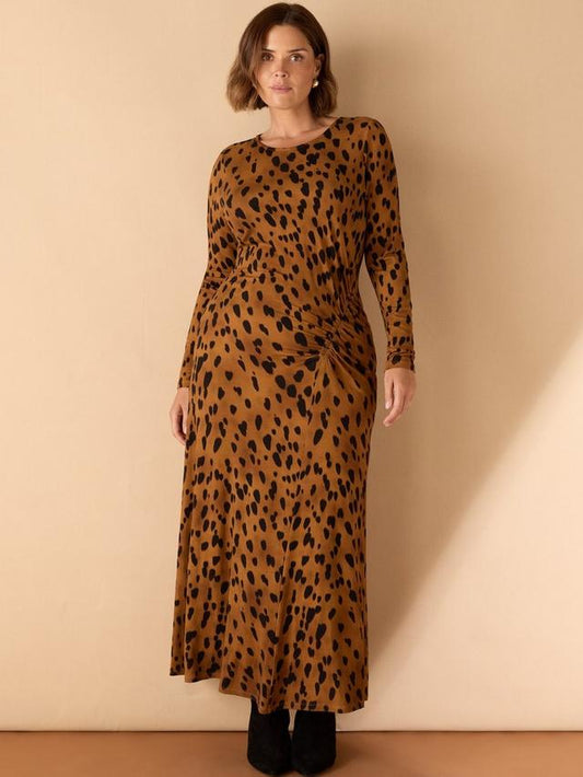 Brown Animal Print Jersey Ruched Dress
