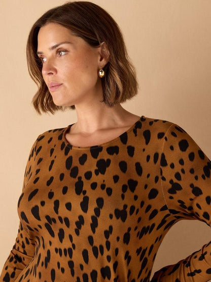 Brown Animal Print Jersey Ruched Dress