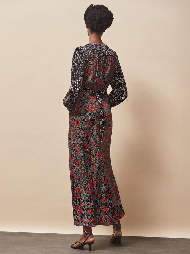 Floral Polka Dot Long Sleeve V Neck Midi Dress