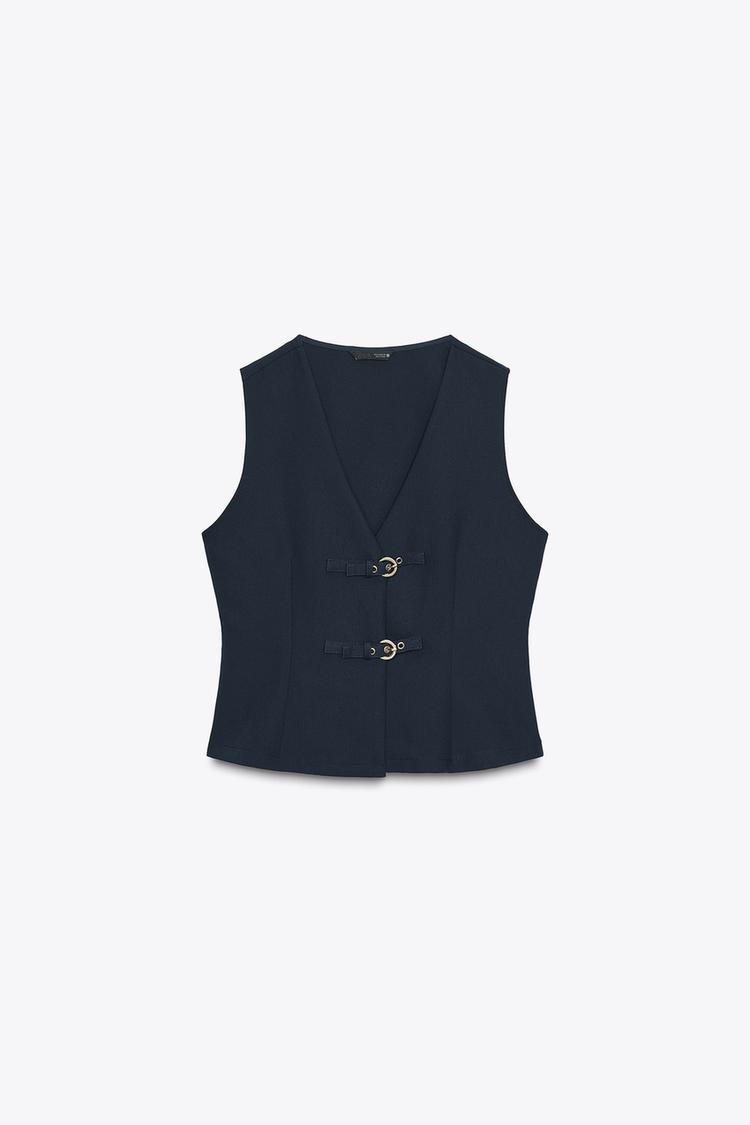 Buckle Detail Sleeveless V-Neck Vest