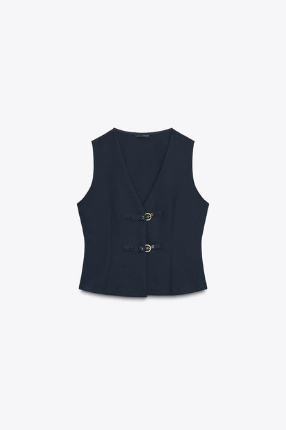 Buckle Detail Sleeveless V-Neck Vest