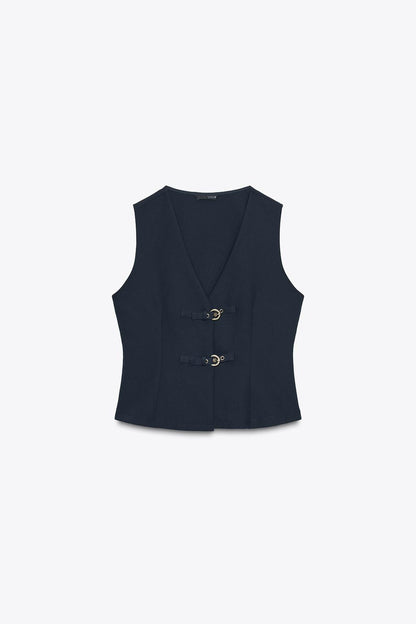 CREPE TOP WITH BUCKLES Navy