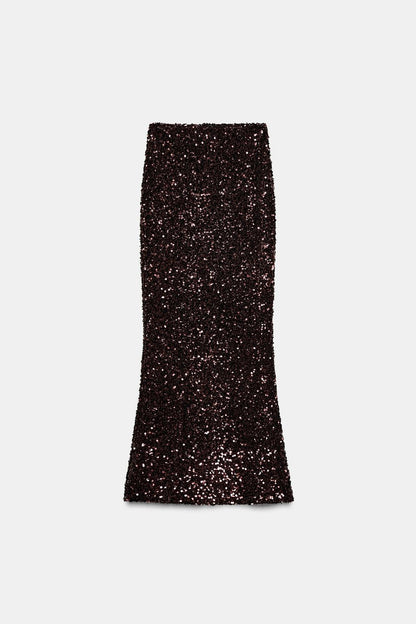 LONG sequin Skirt Brown