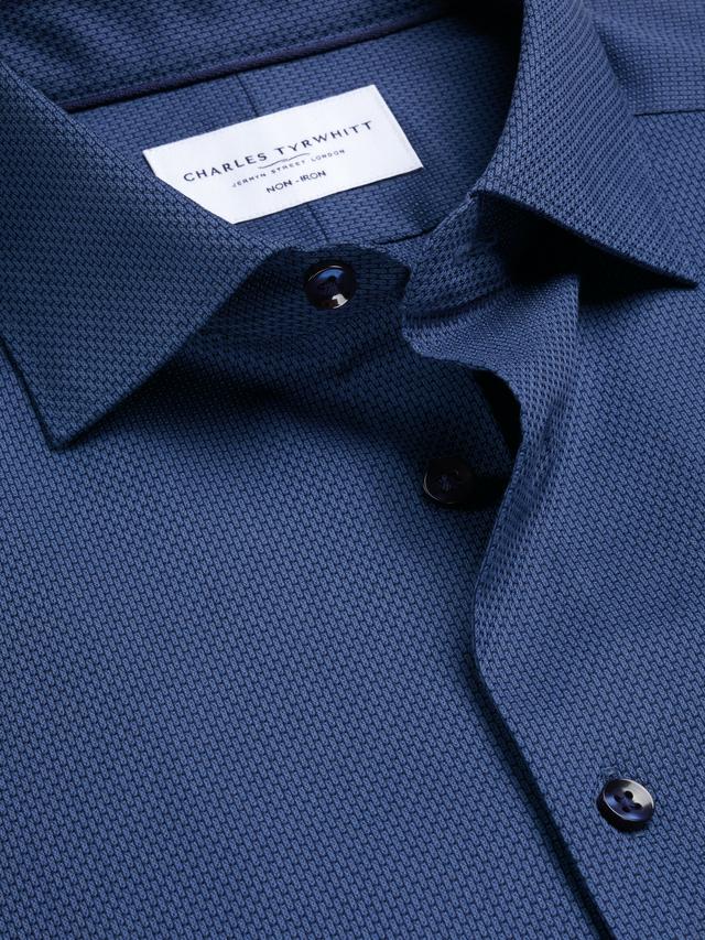 Cutaway Collar Non-Iron Dobby Cotton Texture Slim Fit Shirt, Denim Blue