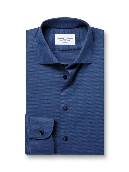 Cutaway Collar Non-Iron Dobby Cotton Texture Slim Fit Shirt, Denim Blue