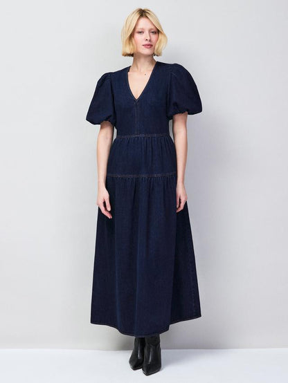 Puff Sleeve Denim Maxi Dress Blue