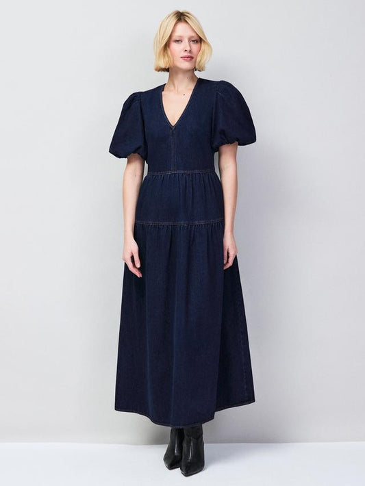 Puff Sleeve Denim Maxi Dress Blue