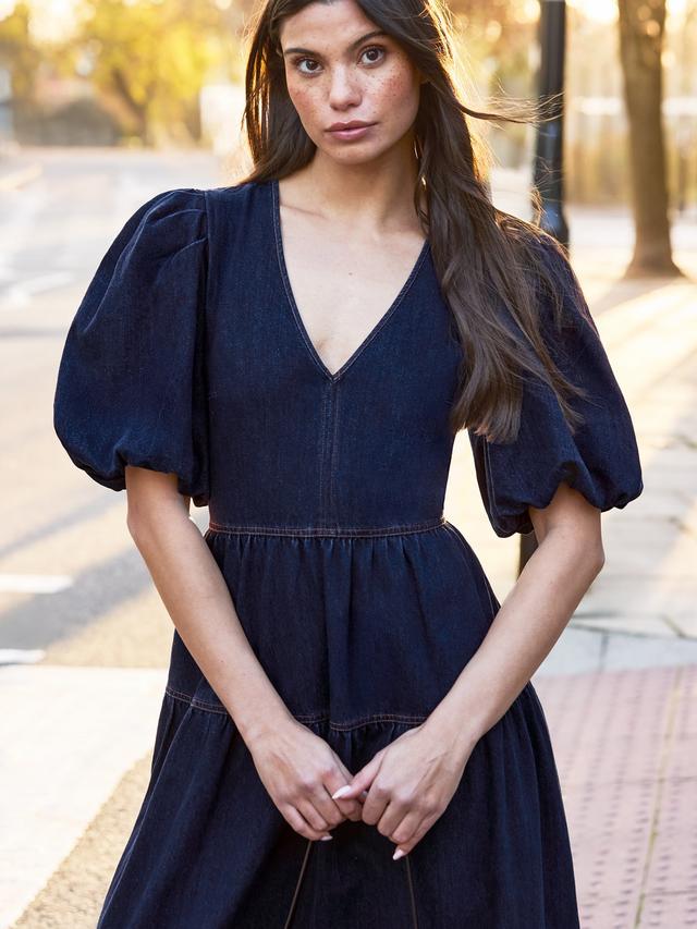 Puff Sleeve Denim Maxi Dress Blue