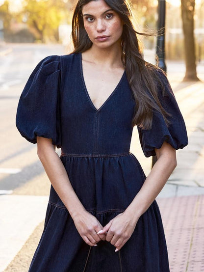 Puff Sleeve Denim Maxi Dress Blue