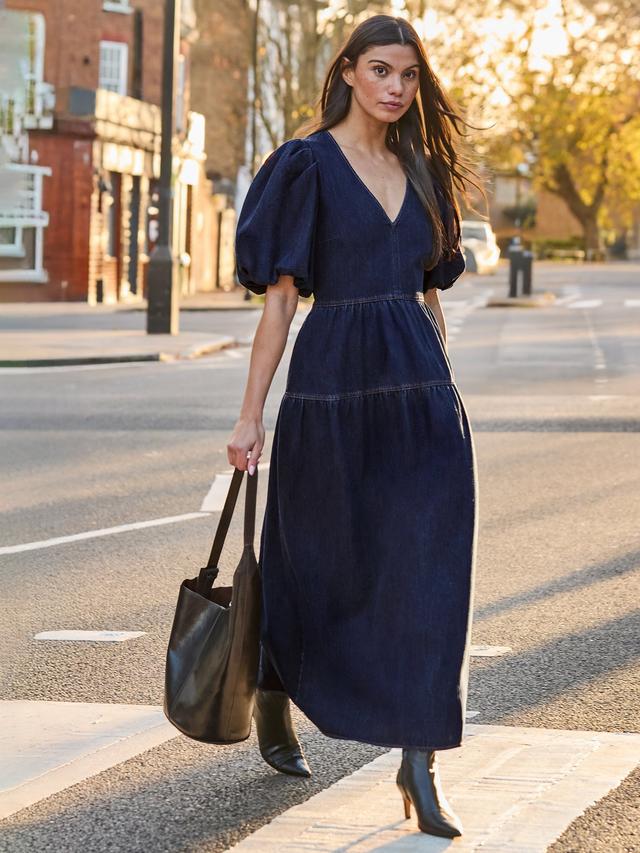 Puff Sleeve Denim Maxi Dress Blue