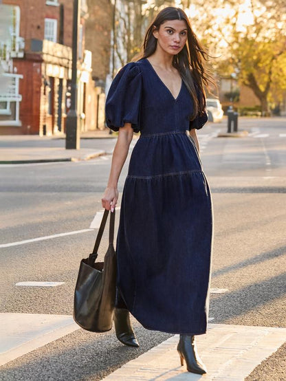 Puff Sleeve Denim Maxi Dress Blue