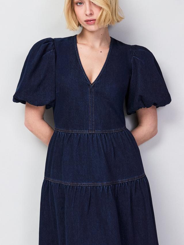 Puff Sleeve Denim Maxi Dress Blue