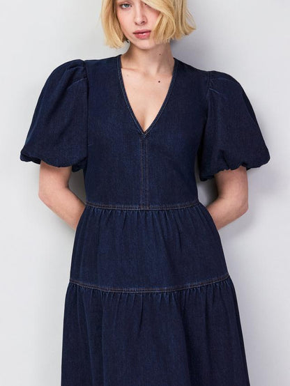 Puff Sleeve Denim Maxi Dress Blue