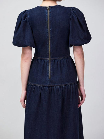 Puff Sleeve Denim Maxi Dress Blue