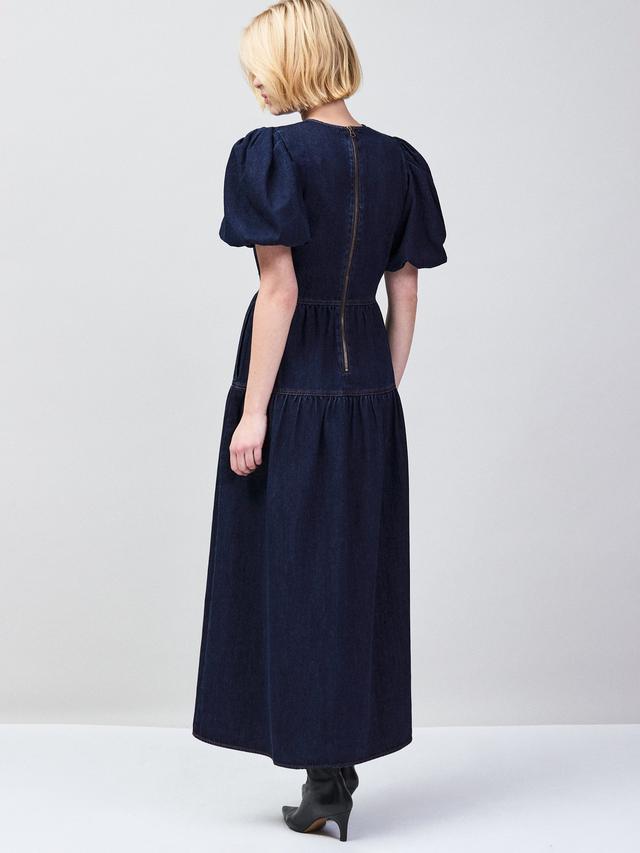 Puff Sleeve Denim Maxi Dress Blue