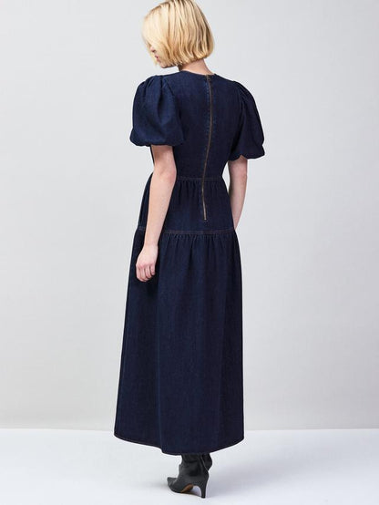Puff Sleeve Denim Maxi Dress Blue