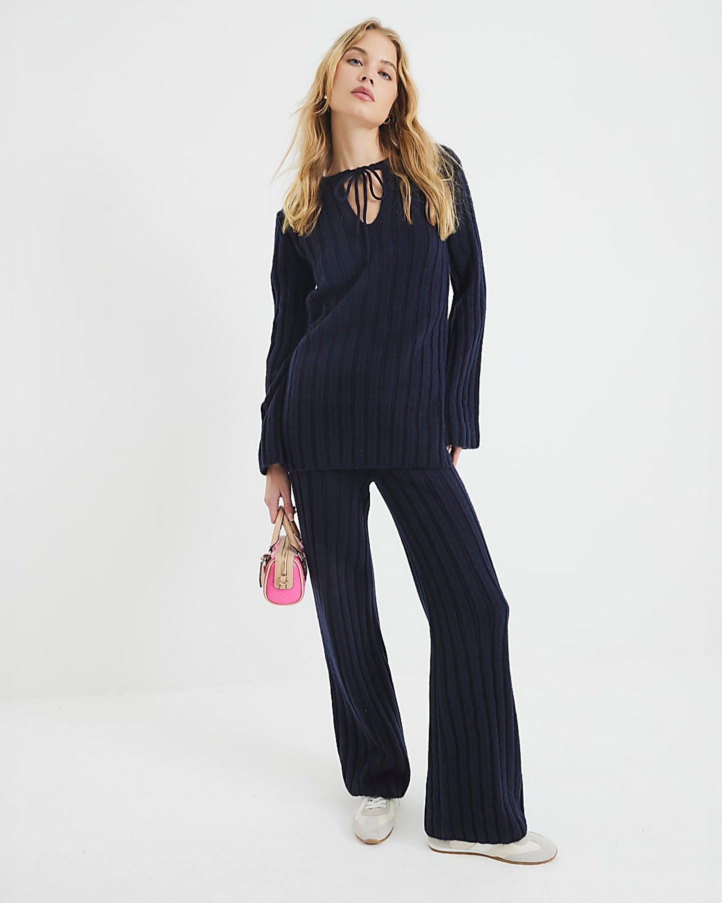 River Island Ribbed Flare Trouser - Navy - Blue