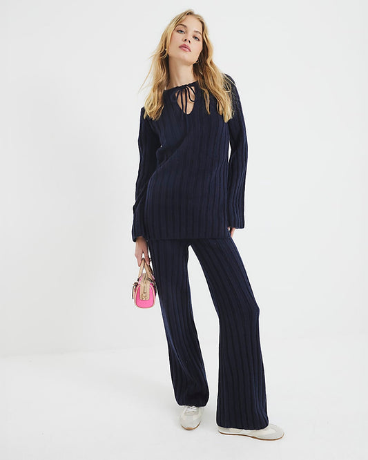 River Island Ribbed Flare Trouser - Navy - Blue