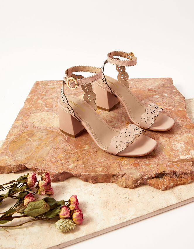 Laser Cut Occasion Leather Block Heels Pink