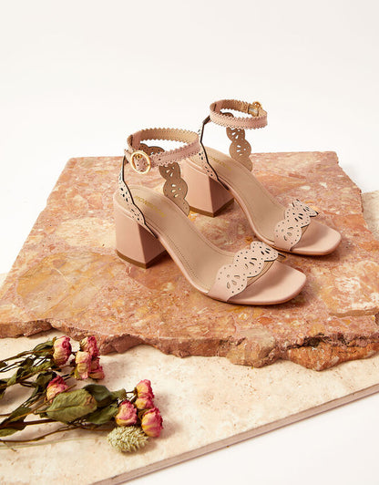 Laser Cut Occasion Leather Block Heels Pink