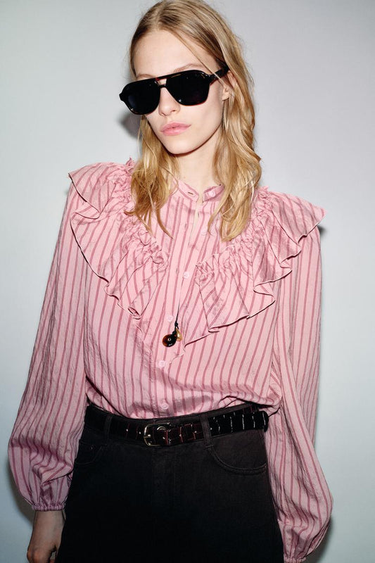 Ruffled Striped Shirt Pink